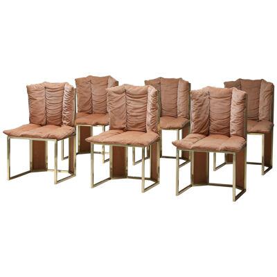 Hollywood Regency Brass & Pink Dining Chairs Set - 1970's