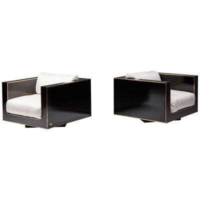 Maison Jansen Pair of Cubic Lounge Chairs in Black and Brass - 1970's