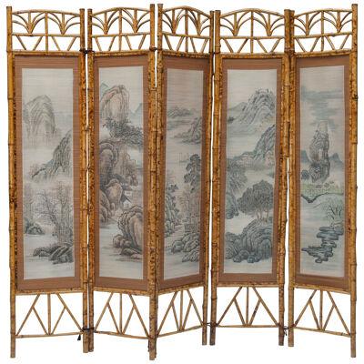 Oriental Bamboo & Fabric Room Divider - 1960's