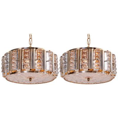 Pair of Carl Fagerlund Pendant Lamps in Brass and Orrefors Glass by Lyfa