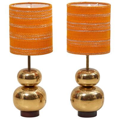 Pair of Bubble Brass 1970s Table Lamps with Original Shades