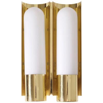 Set of Two Brass and Glass Wall Lights or Sconces by Glashütte Limburg