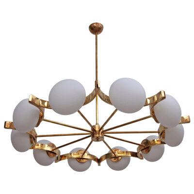 Huge Murano Glass and Brass Chandelier in the Manner of Fontana Arte