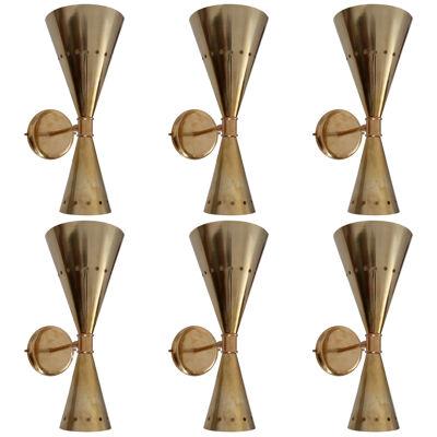 1 of 6 Brass Diabolo Wall Lamps or Scones
