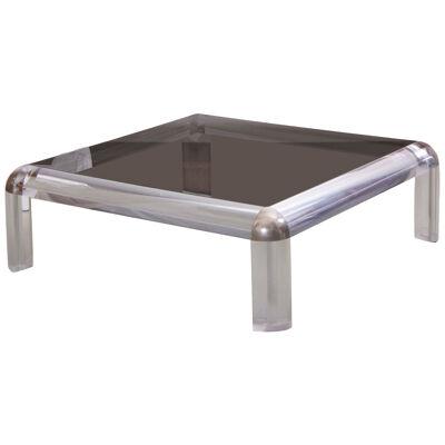 Lucite Chrome and Smoked Glass Square Coffee Table, Karl Springer Style