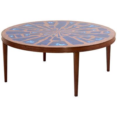 Stunning Rare Wood Coffee Table with Copper and Enamel Style Top