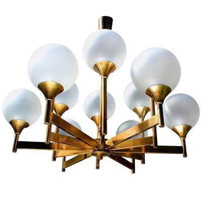 12 Glass Globes Brass Chandelier, 1960s-1970s