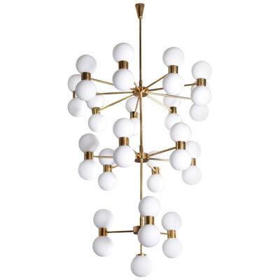 One of Two Exceptional Huge Brass and Frosted Glass Chandelier