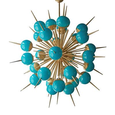 1 of 2 Huge Turquoise Color Murano Glass and Brass Sputnik Chandeliers