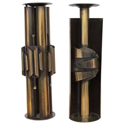 Pair of Huge Brutalist Candle Holders in Brass
