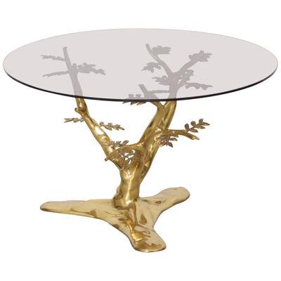 Brass Tree Sculpture Coffee Table with Round Glass Top