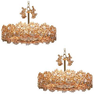 One of Two Palwa Gilded Brass and Crystal Glass Encrusted Chandeliers