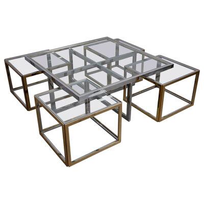 Huge Coffee Table in Brass and Chrome with Four Nesting Tables by Maison Charles
