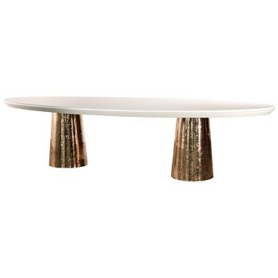 Polished Cast Bronze Twin-Pedestal & Quartz Oval Dining Table, Benone