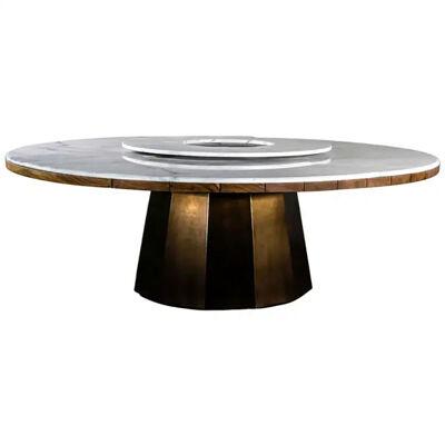 Outdoor Round Dining Table with Metal Base, Teak & Marble Top & Rotating Server 