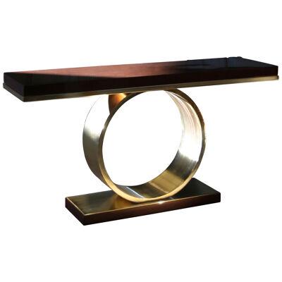 Polished Bronze and Wood Sculptural Console Table, Donte 