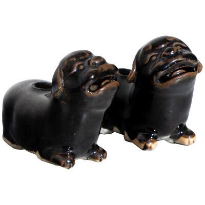 Chinese Guardian Lions, Brown Glazed Ceramic