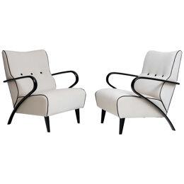 Pair of white Lounge Chairs with black Armrests, Italy 1950s