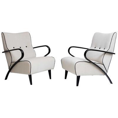 Pair of white Lounge Chairs with black Armrests, Italy 1950s