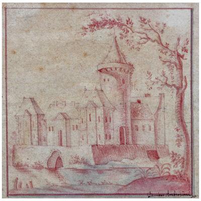 Damiano Ambrosioni, Red chalk Drawing of a City, Italy 17th century