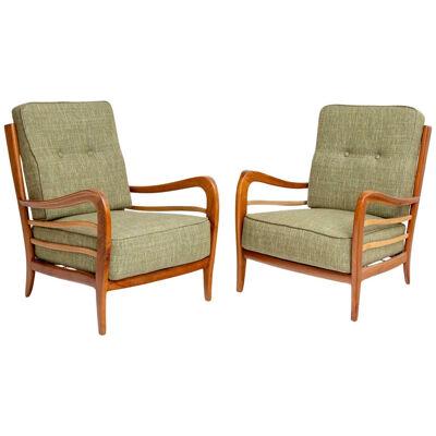 Pair of Lounge Chairs in Cherry, green Upholstery attr. Paolo Buffa, Italy 1950s