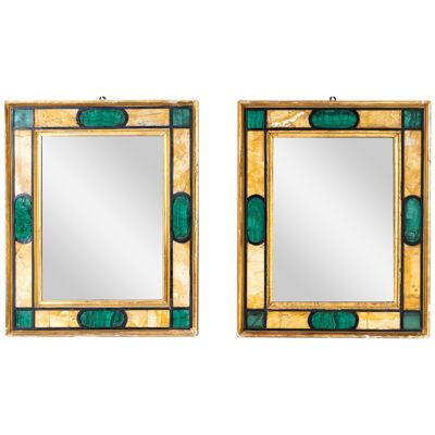 Pair of Wall Mirrors in Giallo Siena and Malachite, Italy 18th Century