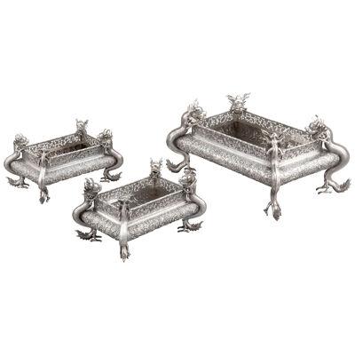 Suite of 3 Chinese export Silver Jardinieres
