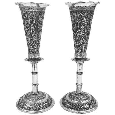 Pair of Chinese Export Silver Vases