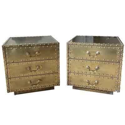 Pair of Studded Brass Chest of Drawers by Sarreid Ltd
