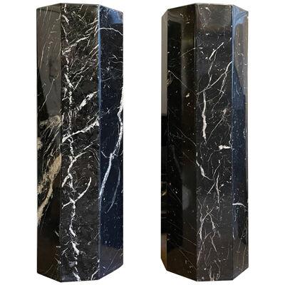 Pair of Octagonal Nero Marquina Marble Columns