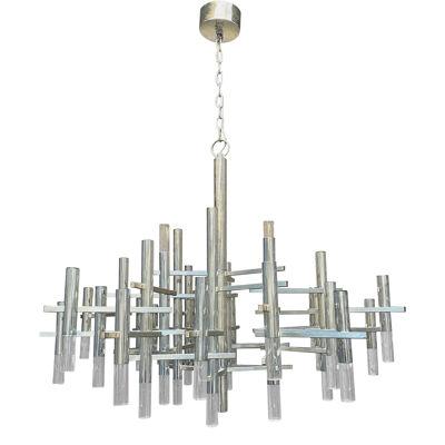 A Large Chrome and Lucite Italian Chandelier by Gaetano Sciolari