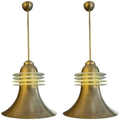 A Pair of Brass and Glass Pendants 