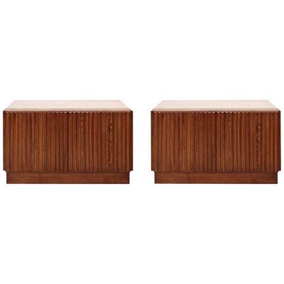 Pair of Hand Carved Oak Sideboards with Travertine Marble Top 