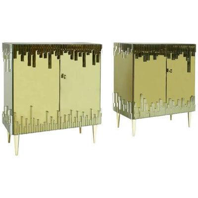 Mid-Century Modern Style Glass and Golden Mirror Pair of Italian Sideboards