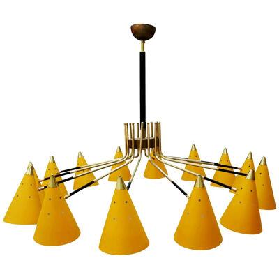 Mid-Century Modern Italian Yellow Lacquered Metal and Brass Pendant Lamp