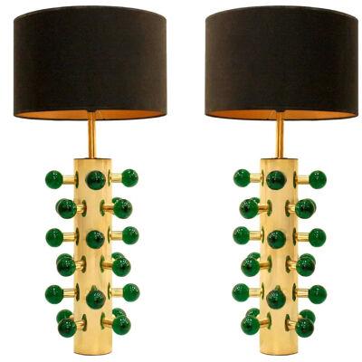 In the Style of Midcentury Green Murano Glass and Brass Base Italian Table Lamps