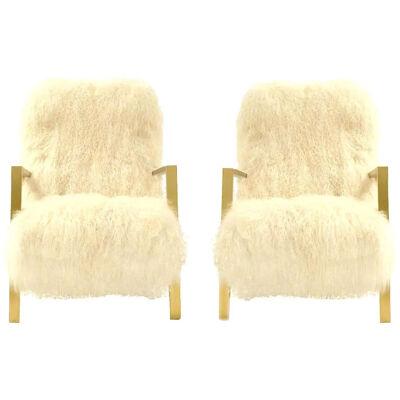 Pair of L.A. Studio Contemporary Modern White Mongolian Goat Italian Armchairs