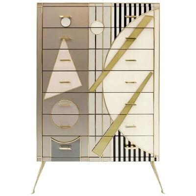 Mid-Century Style Wood Colored Glass and Brass Italian Commode by L.a. Studio