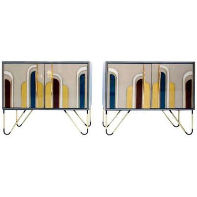 Mid-Century Modern Solid Wood and Colored Glass Pair of Italian Sideboards