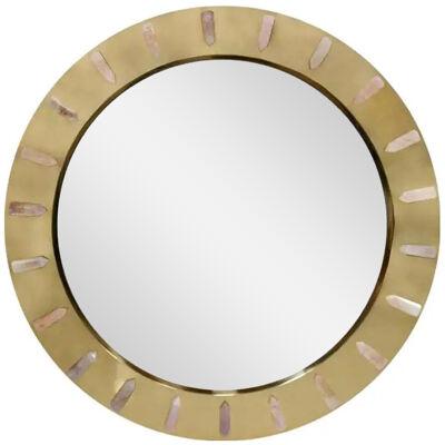 Midcentury Style Made of Brass and Pink Quartz Circular Italian Mirror