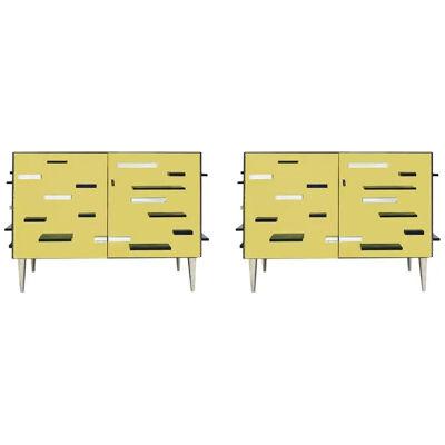 Contemporary Golden Murano Glass Mirror and Brass Pair of Italian Cabinets