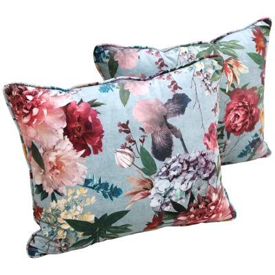 Unique Pair of Cushions with Floral Cotton Velvet Fabric, Spain