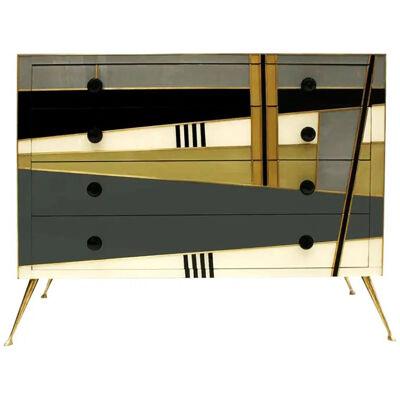 Mid-Century Style Wood Colored Glass and Brass Italian Commode by L.a. Studio