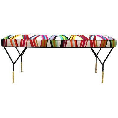 Mid Century Modern Rectangular Footstool with Geometric Multicoloured Fabric