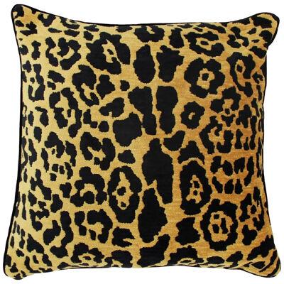 Leopard Print Velvet Cushion in Cotton with Trim and Linen Back