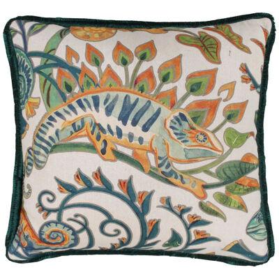 Contemporary Pillow of Linnen with Vegetation and Chameleon Motifs