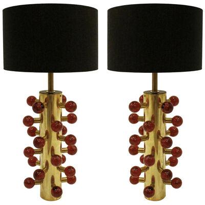 L.A. Studio Contemporary Modern Murano Glass and Brass Pair of Table Lamps