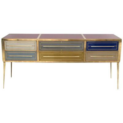 Italian Sideboard Made of Solid Wood and Covered with Colored Glass