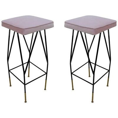 Pink Cotton Velvet and Black Lacquered Metal Italian Stool