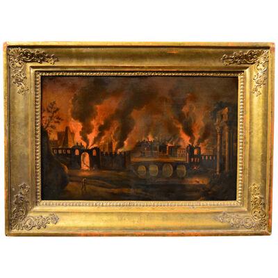 Painting, oil on copper. "The burning of Troy"